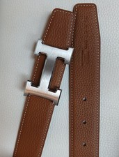 Cintura  unisex double face Hermès beige e Nera,110x3.2 Cm,Fibbia H Argentata