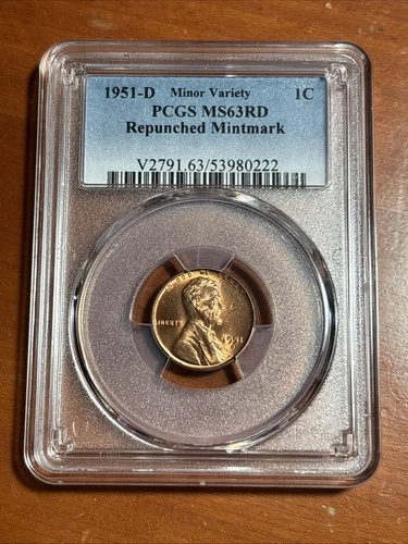 1951-D Lincoln Cent - PCGS MS63 Red RD REPUNCHED MINTMARK