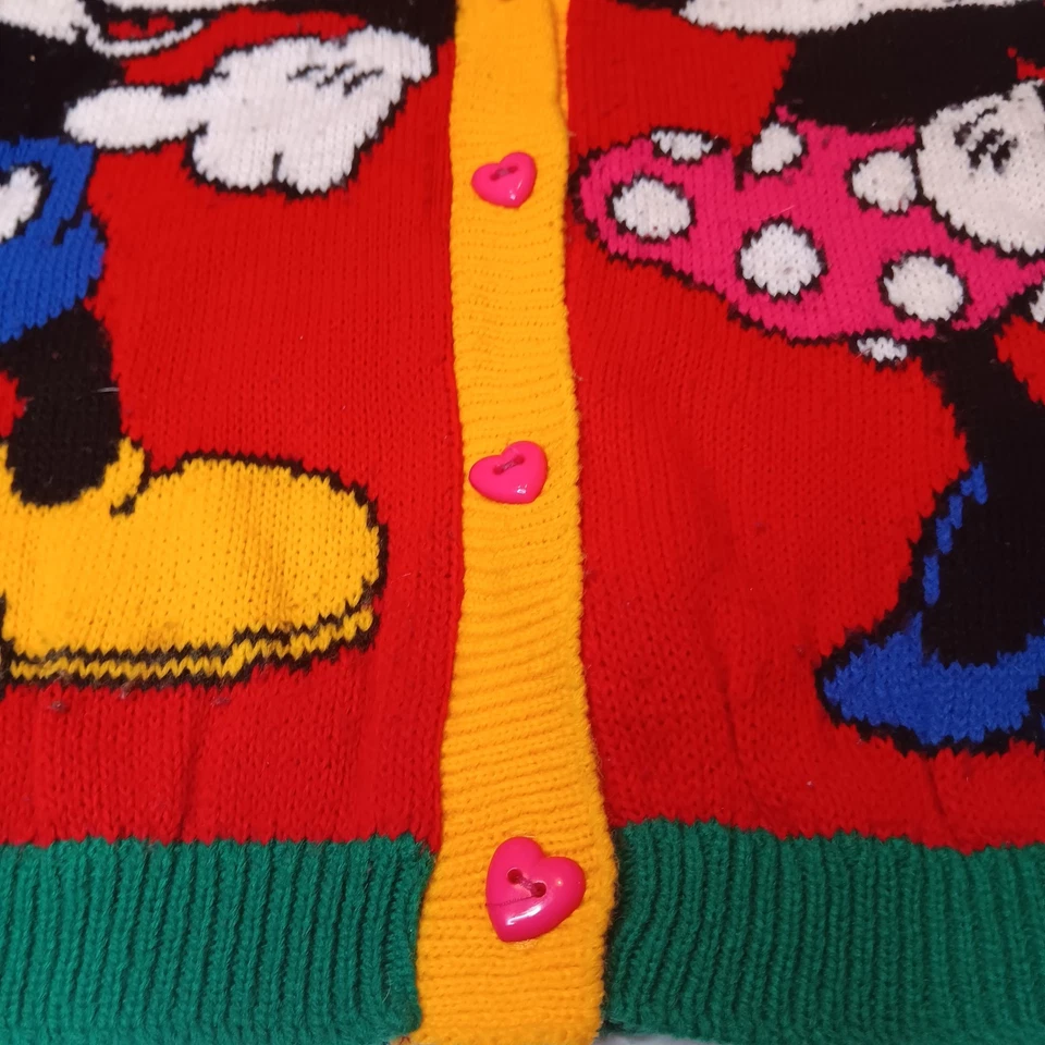 Cardigã suéter infantil vintage anos 90 Mickey Minnie Mouse colorblock Disney tamanho G 14 - Imagem 3 de 4