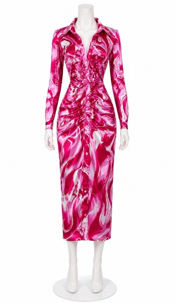 Women’s Pink & White Abstract Shirt Dress Midi Long Sleeve Collared Button