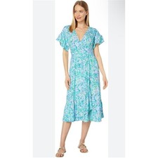 Lilly Pulitzer Midi Dress Womens Small Blue Green Excellent Flutter Sleeve Wrap