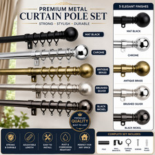 Curtain Pole Set with Rings Brackets & Fixings Metal Rod Multiple Finishes