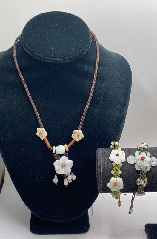 Hand Carved Jade Flower Silk Cord Jewelry Set Necklace Adjustable Bracelets