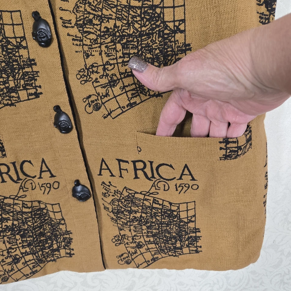 Chaleco de Colección Ashro África Estampado de Mapa Talla M Marrón Negro 100% Algodón Cinturón Ajustable Trasero Foto 4 de 4