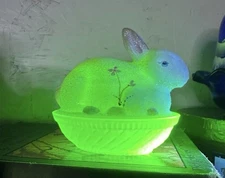 Fenton Glistening Woods Rabbit on Nest Painted Signed Key Lime Uranium Glow