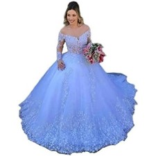 IS-NWT US14 Exquisite Long Sleeve Wedding Dress Elegant Off The Shoulder V Neck