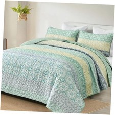 Boho Quilt Set King Bohemian Striped Patchwork King 104" 90" Sage Green