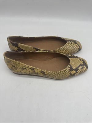 Frye Dana Ballet Flats Womens 6M Snake Print Leather Yellow Brown Square Toe