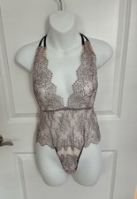 Victoria's Secret Lace Halter Teddy Bodysuit in Blush and Black