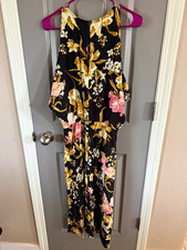 Leith Women's Black Floral Cold Shoulder Midi Dress Short Sleeve Size S