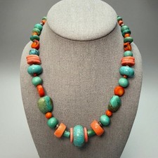 Turquoise Coral Dyed Howlite Bead Necklace 17" Southwestern Chunky