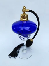 7" Vtg Cobalt Blue Iridescent Art Glass Perfume Bottle Atomizer Pulled Swirl