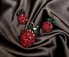 Vintage Made in Austria Red Strawberry Fruits Crystals Jewelry Set