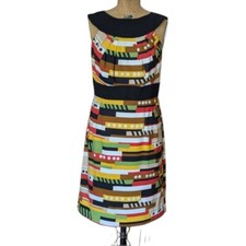 Geometric Abstract Striped Print Sleeveless Sheath Dress Retro Mod Office Sz 8
