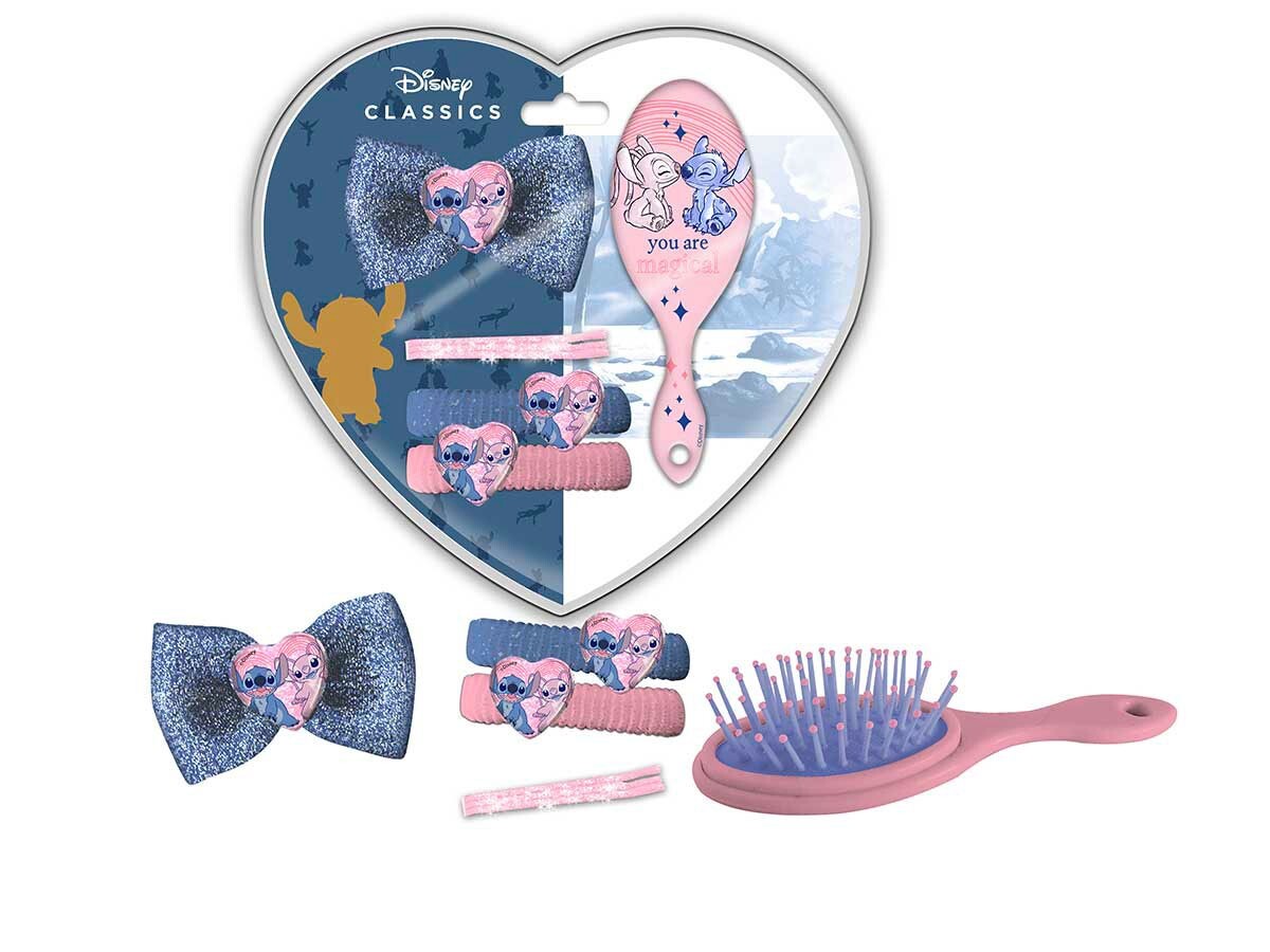 Disney Stitch Set Regalo con Accessori Capelli, 7 Pezzi Con Spazzola