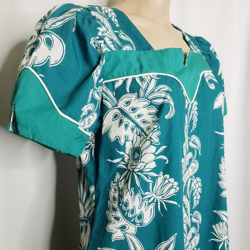 Vintage Lucky You Hawaiian Dress Teal Green Made in Hawaii Aloha Size large - Picture 8 of 11