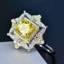 2.00 Ct Cushion Cut Lab-Created Yellow Citrine Halo Ring 14K White Gold Plated