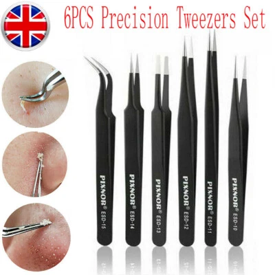 6x Pro Coated Precision Tweezers Set Stainless Steel Non Magnetic Remover Tool