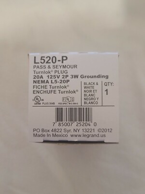 Pass & Seymour Legrand Turn-Lok Plug L520-P New 20A 125V 2P 3W Locking Cord Cap