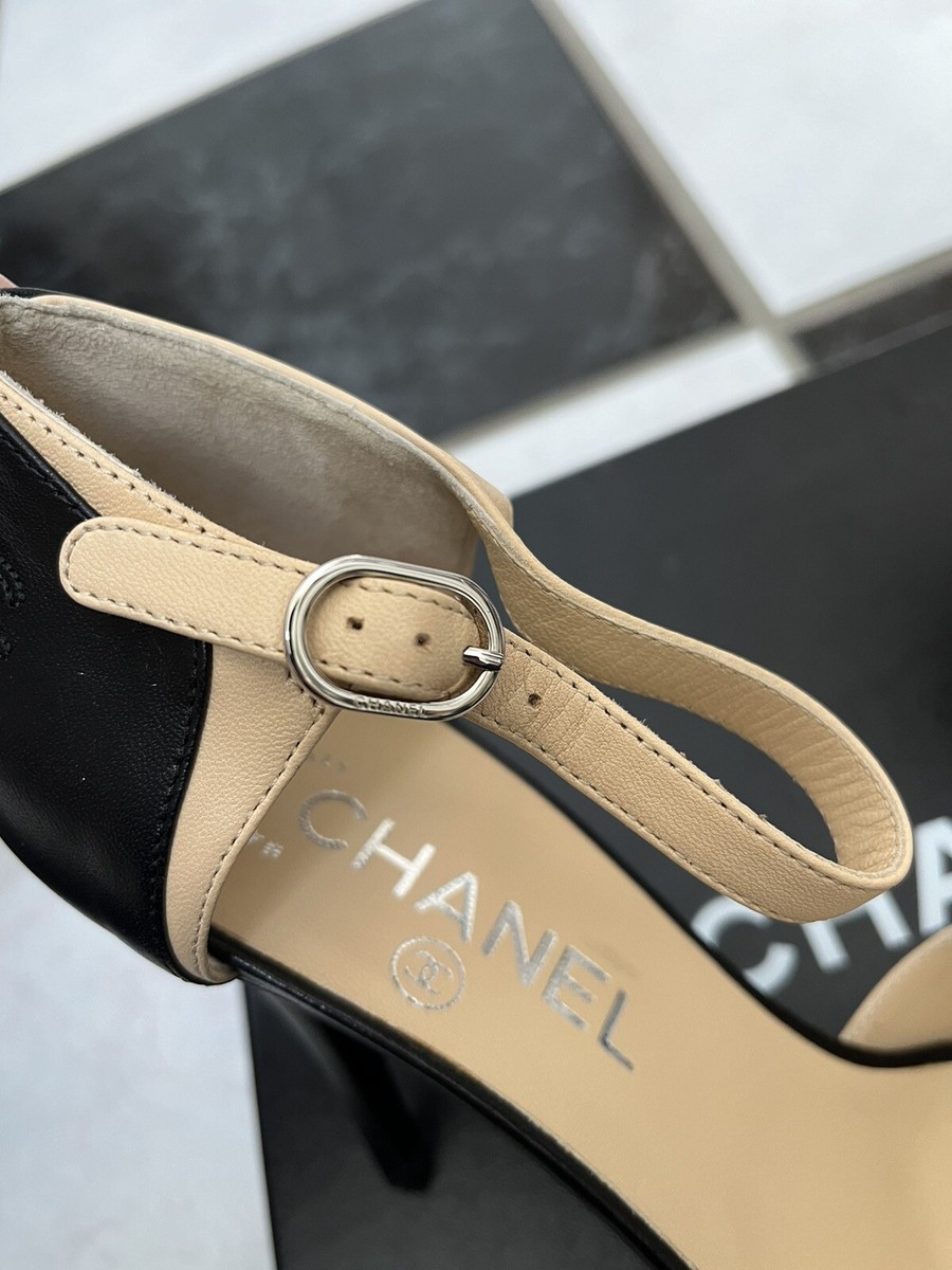 NIB 100% AUTH Chanel 13S Beige/Black Leather D'Orsay Open