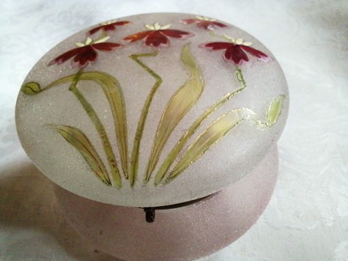 Altes Jugendstil Gefäß Satinglas Emailmalerei Art Nouveau Glas Dose um 1900 - Bild 11 von 11