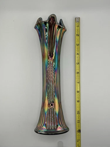 Vintage Fenton Tall Ribbed Rainbow Iridescent Carnival Glass Swung Base 11”