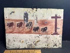 Antique Retablo on Tin, 5 Cows & Herder, Cross, Excised Person?
