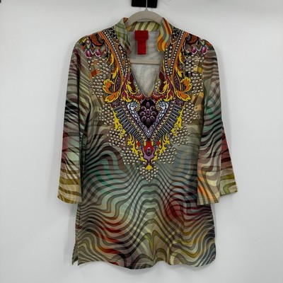 V Cristina Embellished Tunic Top V-Neck 3/4 Sleeve Psychedelic Print Medium