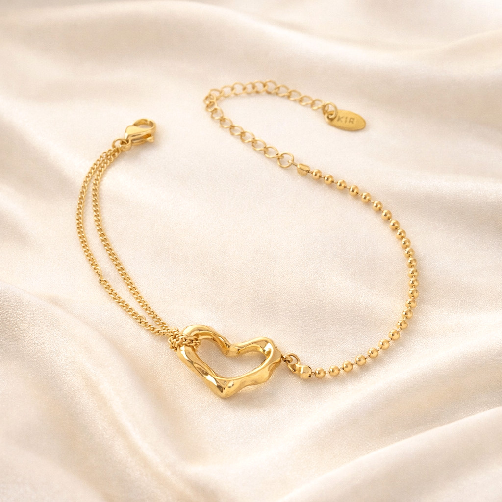 Dainty Gold Heart Bracelet Beaded Chain Stainless Steel Minimalist Gift forWomen