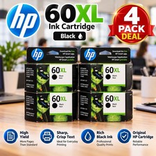HP 60XL Black Ink Cartridge 60 XL OEM Original 4-Pack Black Noir NIB
