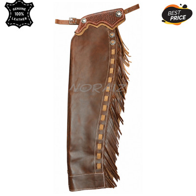 Handmade Bull Riding Leather Chaps Brown Western Fringe Rodeo Cowboy Riding Gear