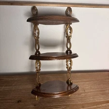Vintage Sexton 3 Tier Corner Wall Mount Shelf Wood Gold Tone Metal Mid Century