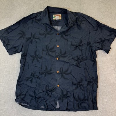 Vintage Paradise Found Men's Large Hawaiian Shirt Black Palm Tree Rayon Button
