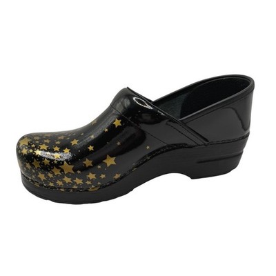 Dansko Professional Clogs Women 8 Black Gold Falling Stars Patent Leather Ortho
