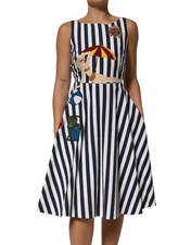 Dolce & Gabbana Blue White Striped Embroidered A-line Women's Dress Authentic