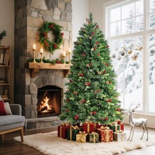 6 FT Pre-Lit Artificial Christmas Tree Pine Cones and Berries Xmas Tree w/ Stand
