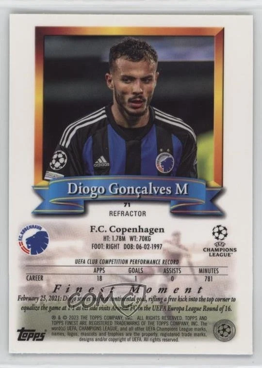 2022-23 Topps Finest Flashbacks UEFA Refractor Diogo Goncalves Gonçalves #71 - Image 2 of 2