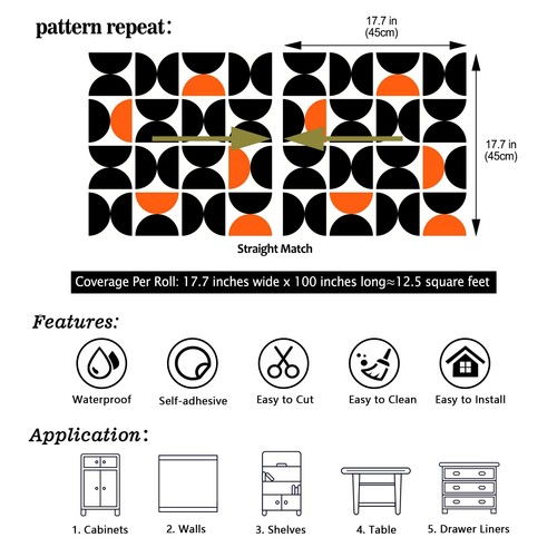 Black Orange White Geometric Peel and Stick Wallpaper 17.7”x100” Semicircles ... - 第 8/8 張圖片
