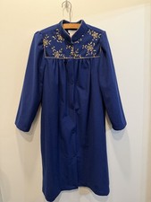 Vintage Appel Housecoat Blue Robe Women Button Medium Gold Floral Embroidery