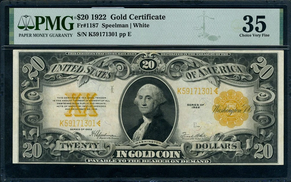 FR. 1187 $20 1922 Gold Certificate PMG Choice VF35 PQ - Image 2 of 3