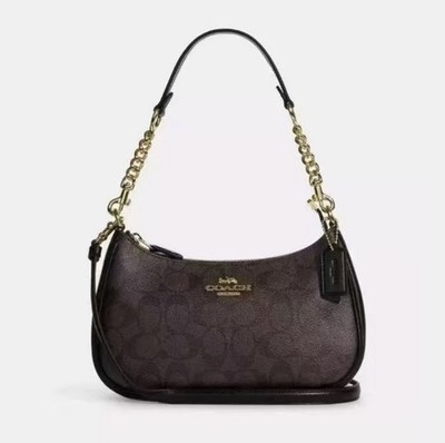 CA548 Teri Shoulder Bag In Signature Canvas/Gold/Walnut/Black New Fast Shipping