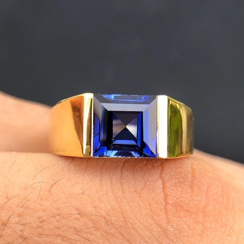 14k Solid Gold Sapphire Engagement Ring For Man, 8mm Square cut Blue Gemstone - Picture 3 of 8
