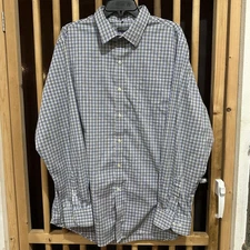 Van Heusen Traveler Shirt XL Blue Brown Plaid Stretch Button Up Long Sleeve