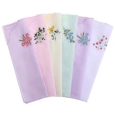 6 Pcs Ladies Cotton Handkerchiefs, Floral Embroidered Lace Vintage Wedding Party