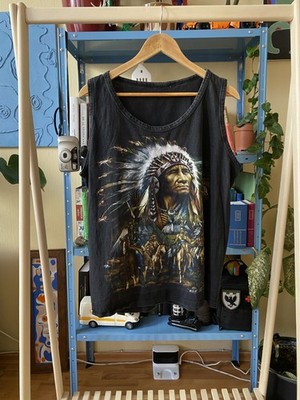 Vintage Wild Cotton Tank Top Native American Graphic Tee Men's XL Black Sleevele
