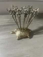 L Vernon Vintage Brass Metal Turtle Toothpick Holder Deer Food Pick Set 12