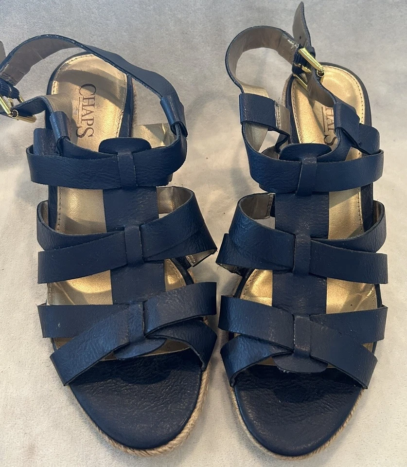 Sandalias de cuña CHAPS by RALPH LAUREN azul marino Daliyn de cuero con tiras para mujer talla 8 M Foto 2 de 4