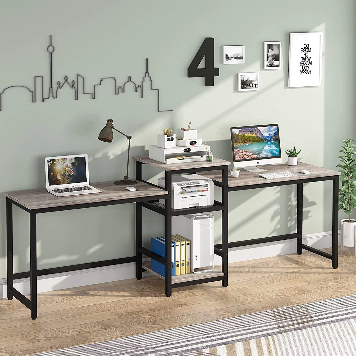 Extra Long Two Person Desk with Storage Shelves 96.9 Inch Double