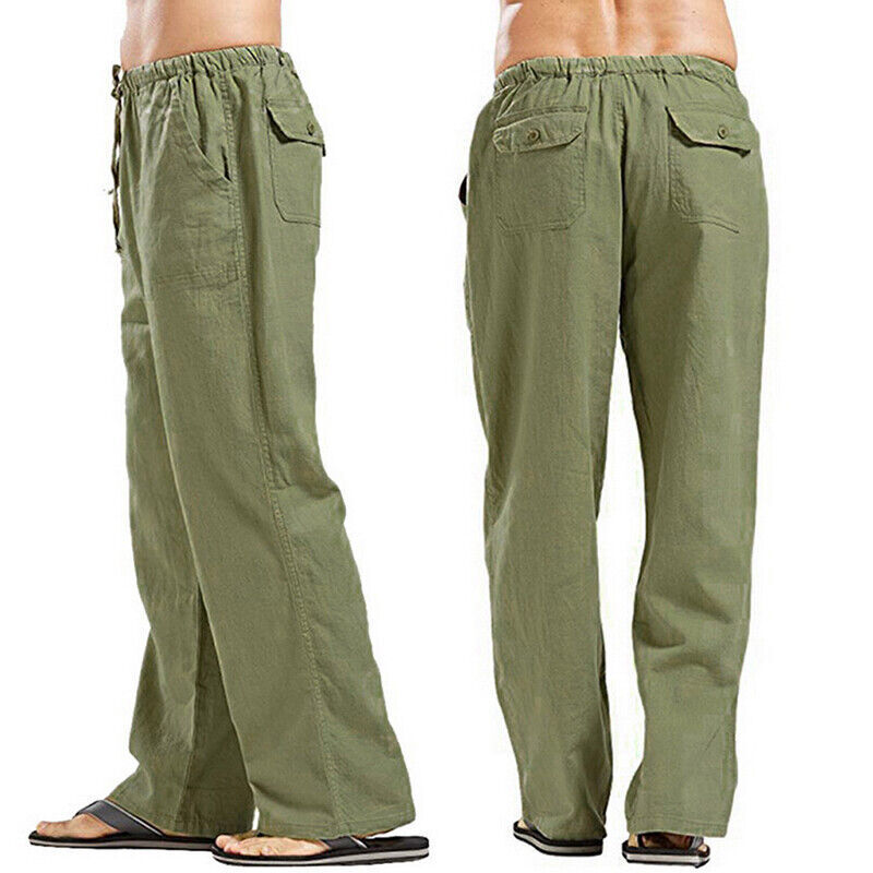 Mens Casual Linen Baggy Pants Summer Elastic Waist Loose Soft Cotton