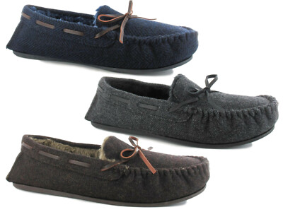Herren Mokassin Hausschuhe Fischgrät Tweed Memory Foam Kunstfell gefüttert Outdoor Sohle